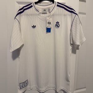adidas White Short-Sleeve Real Madrid Tee with Purple Trim